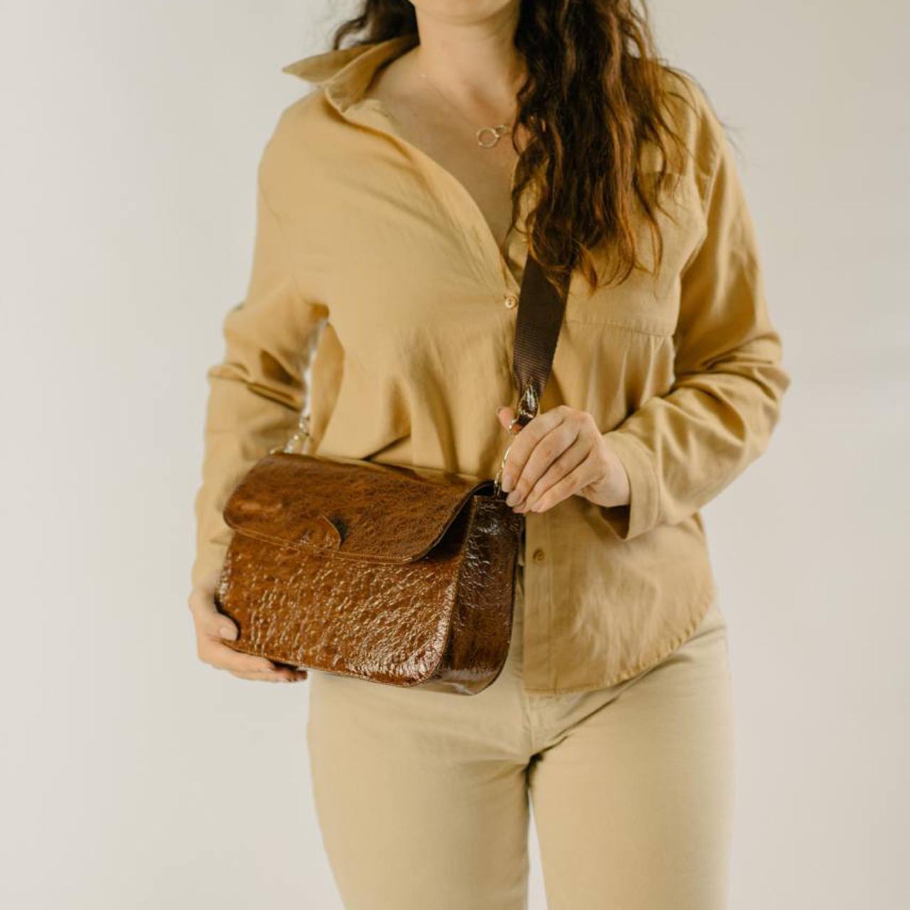 Mid Crossbody Messenger Bag in Brown Patterned Patent Leather