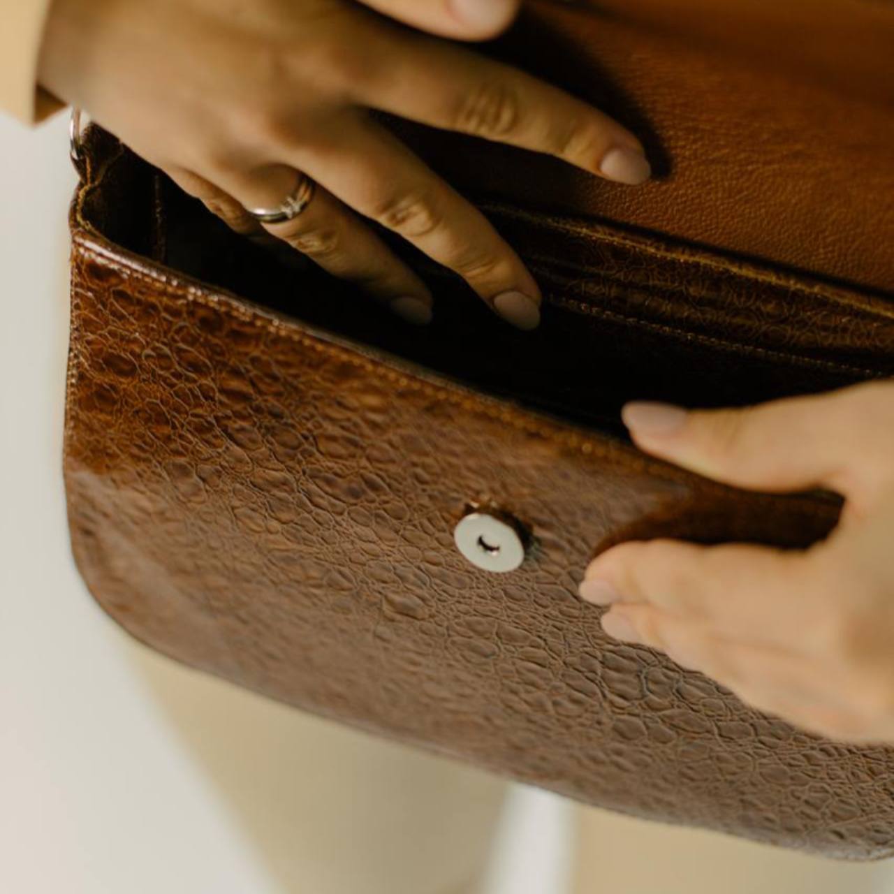 Mid Crossbody Messenger Bag in Brown Patterned Patent Leather