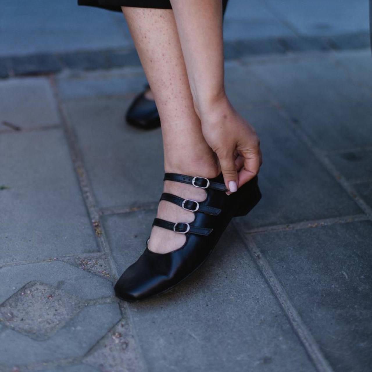 Square Mary Jane Flats with 3 Straps in Black Soft Leather