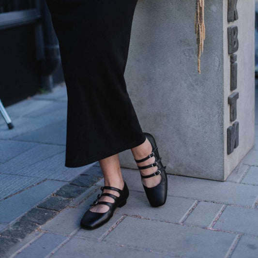 Square Mary Jane Flats with 3 Straps in Black Soft Leather