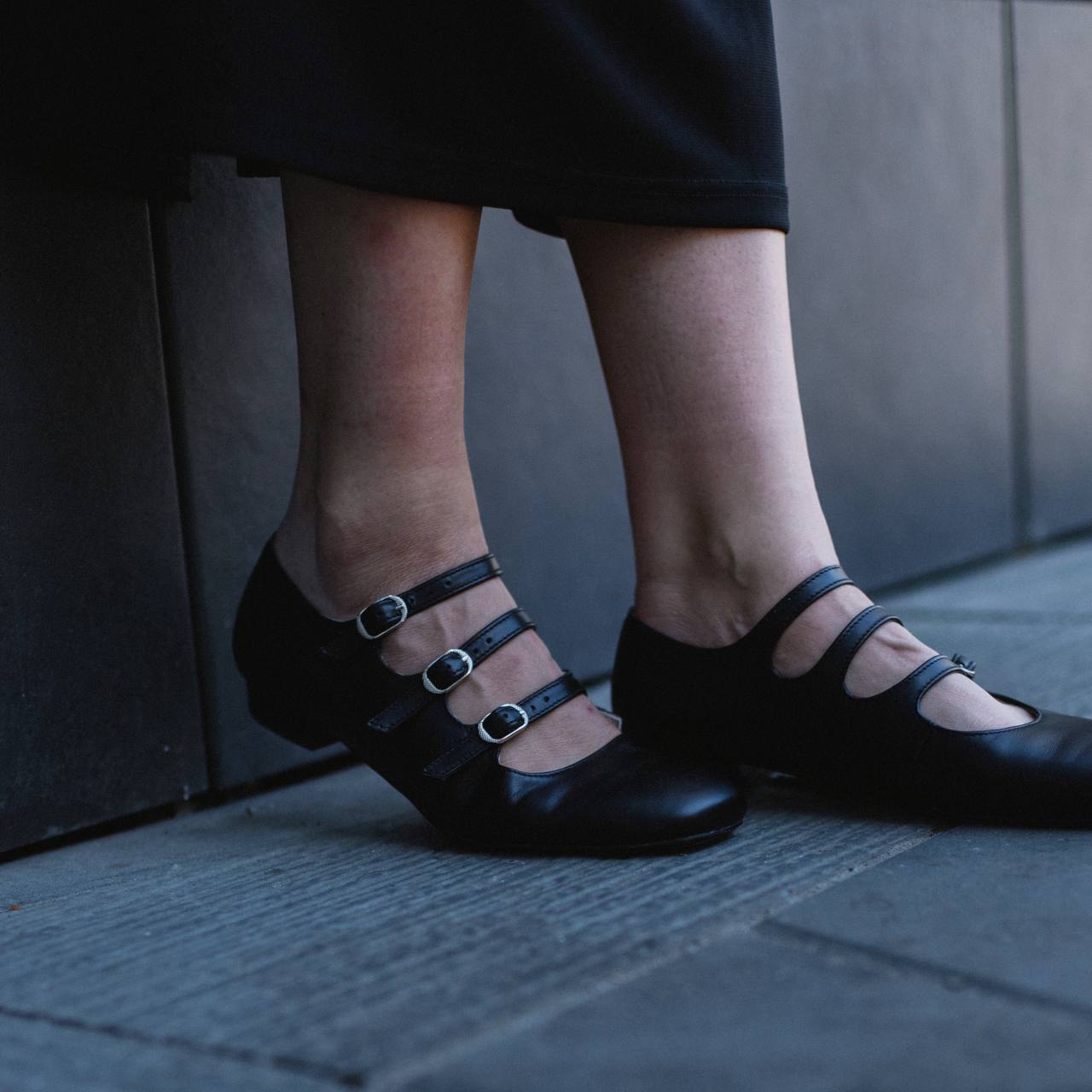 Square Mary Jane Flats with 3 Straps in Black Soft Leather