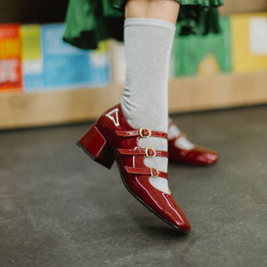 Burgundy Patent Mary Jane Block Heeled Pumps with Three Straps