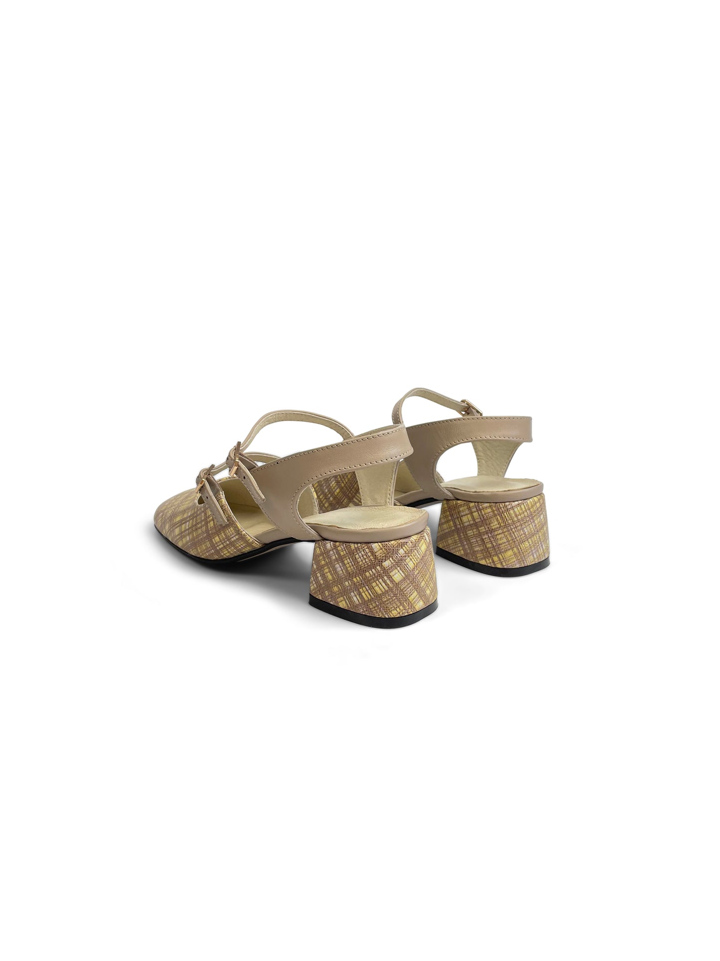 Mary Jane Sandals Open Heel Beige Net Leather Pattern