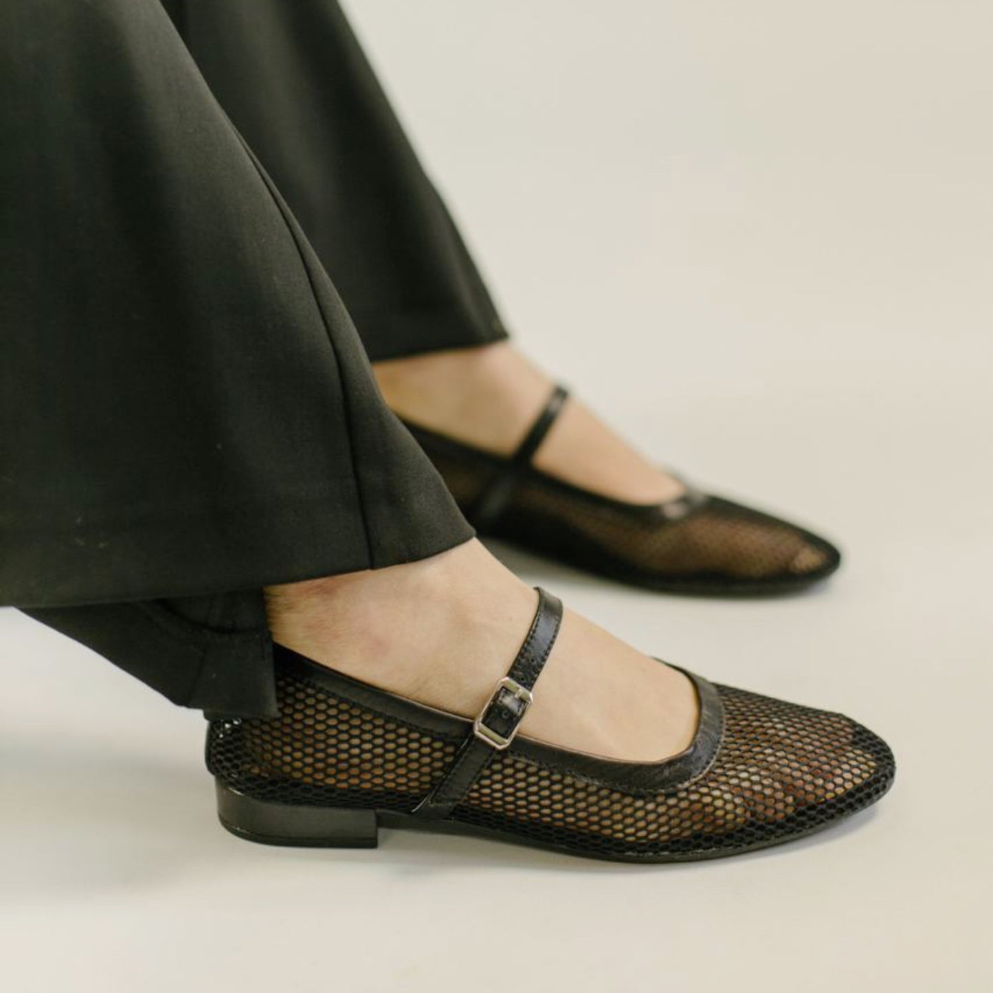 Black Mesh Ballets For Women With Leather Arch Strap