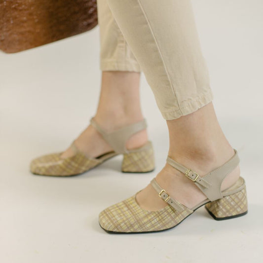 Mary Jane Sandals Open Heel Beige Net Leather Pattern
