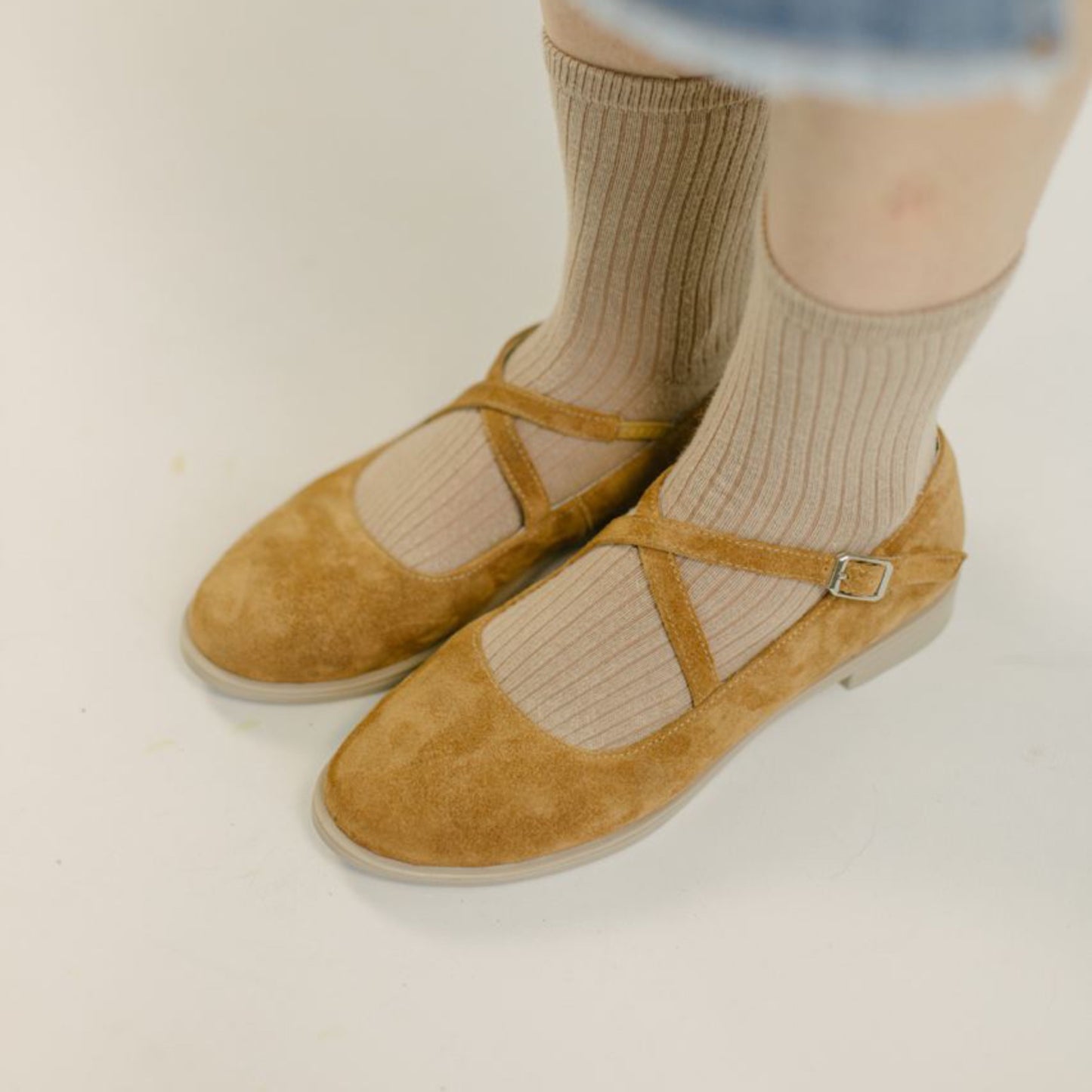 Mary Jane Flats Cross Arch Straps Brown Suede