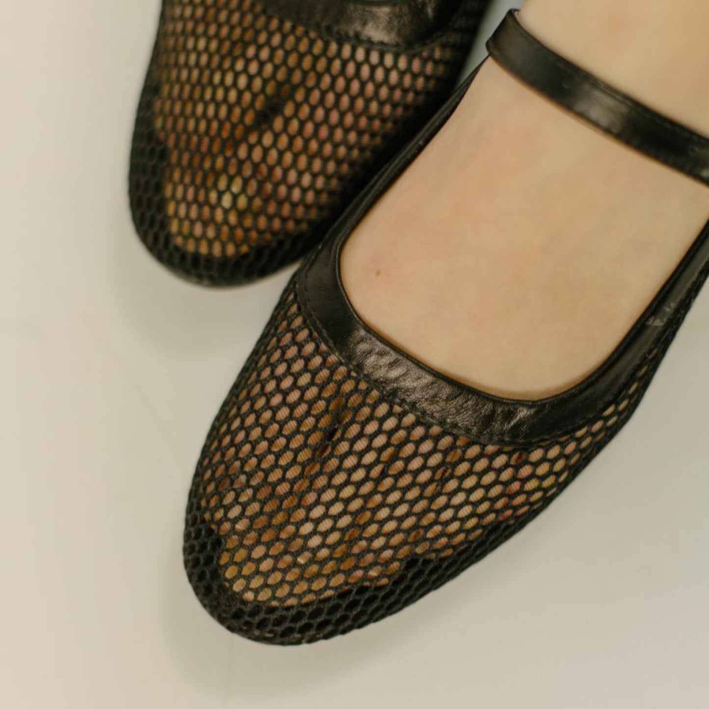 Black Mesh Ballets For Women With Leather Arch Strap