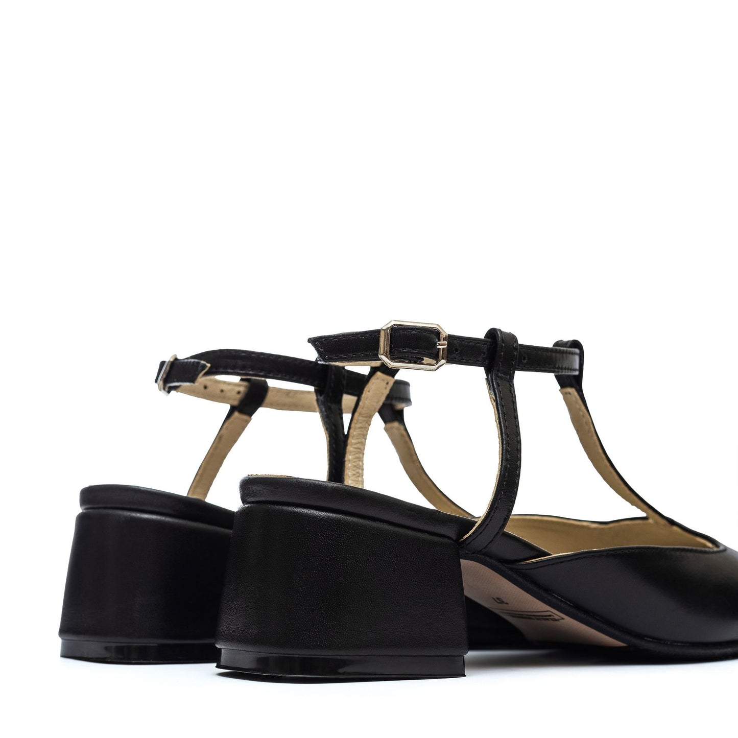 Mary Jane Sandals T Strap Low Black leather Heels