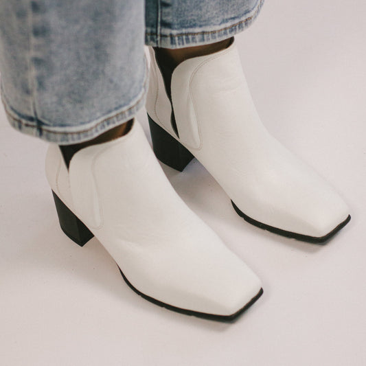 Square Toe Heeled Boots White Leather