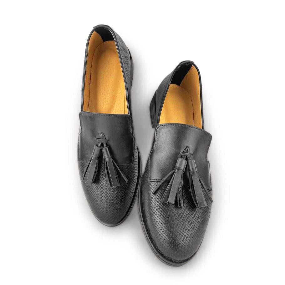 Women's Loafer Shoes Embossed Black Leather