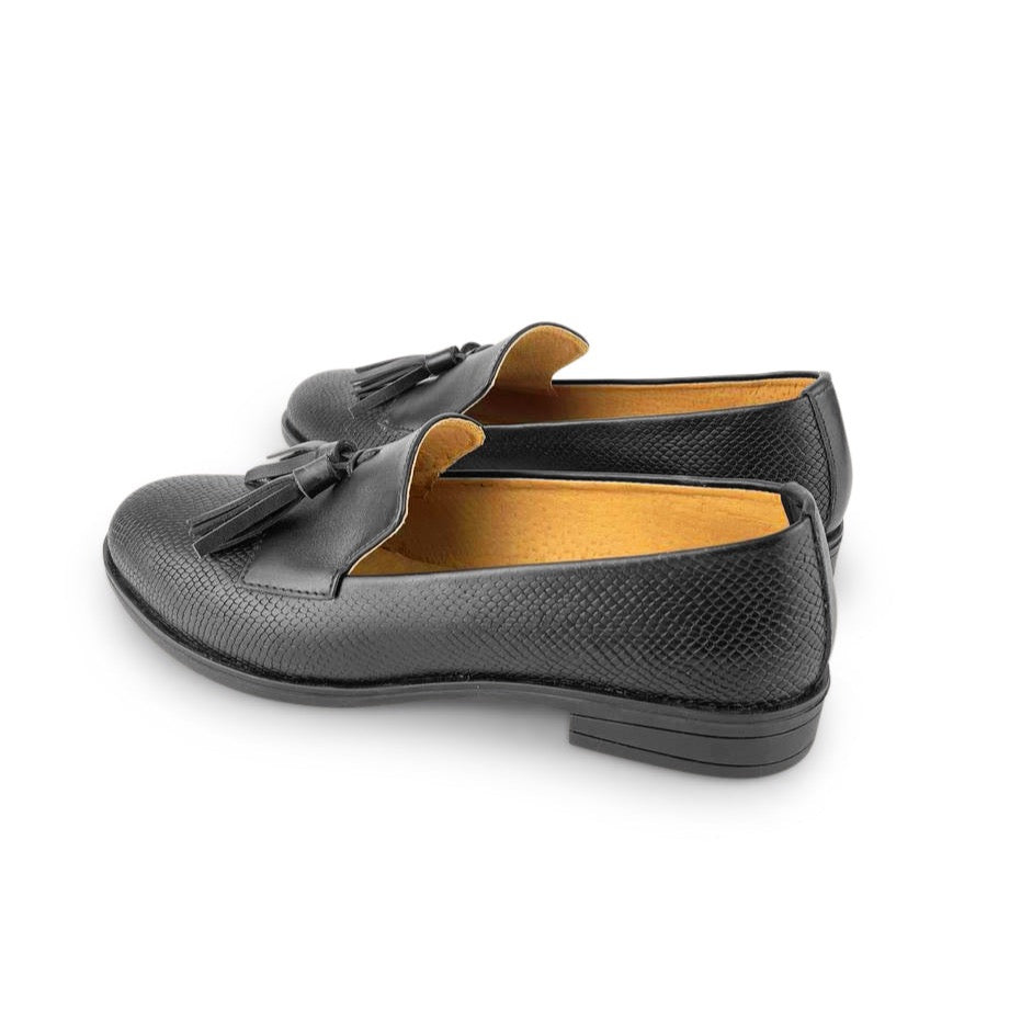 Women's Loafer Shoes Embossed Black Leather