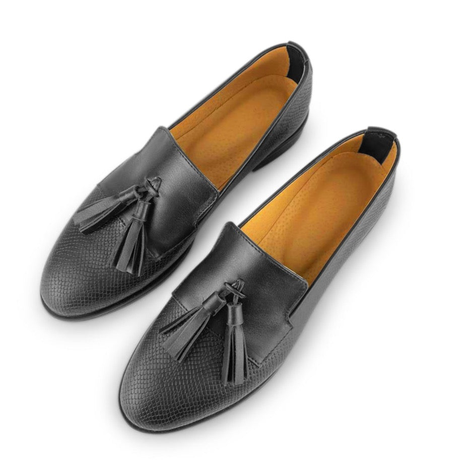 Women's Loafer Shoes Embossed Black Leather