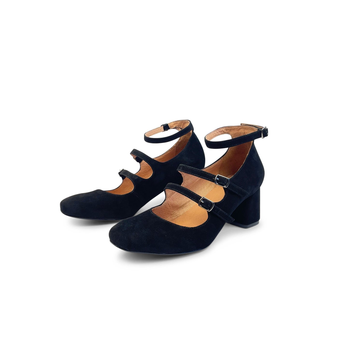 Black Suede Mary Jane Block Heeled Pumps with Three Straps