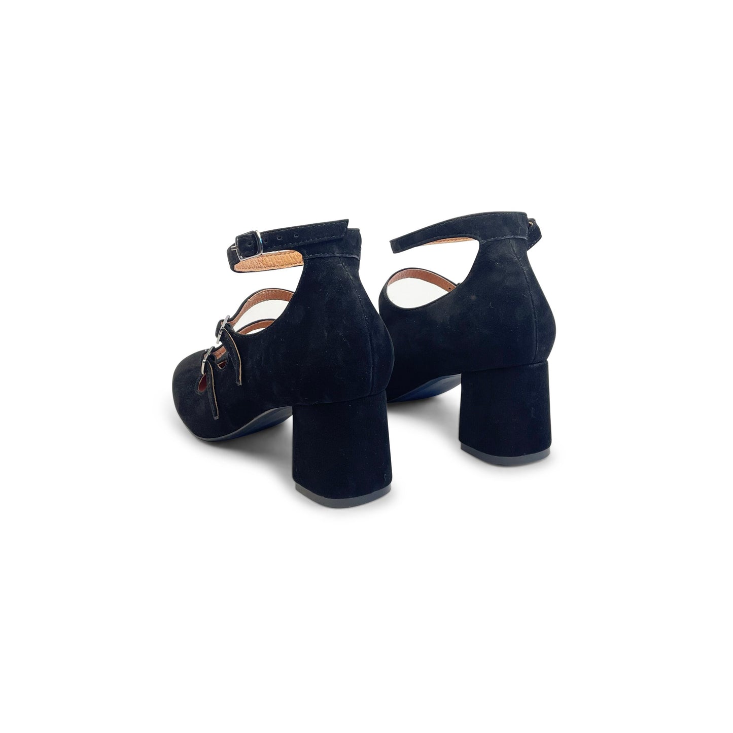 Black Suede Mary Jane Block Heeled Pumps with Three Straps