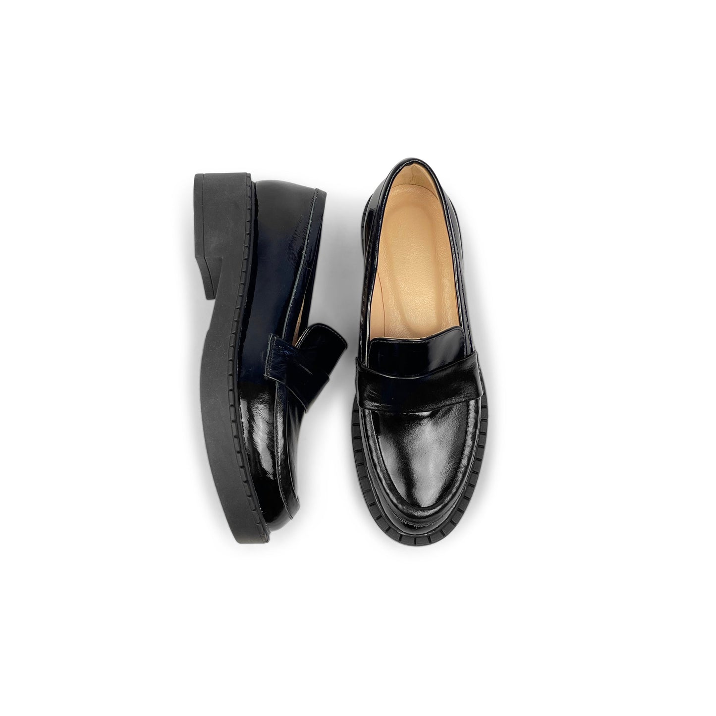 Heeled Penny Loafer Shoes Black Patent Leather