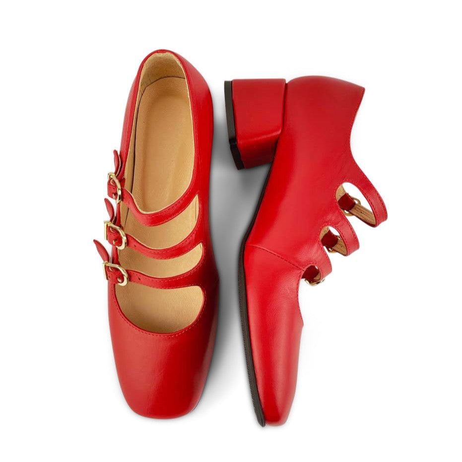 Red Leather Mary Jane Block Heeled Pumps with Three Straps