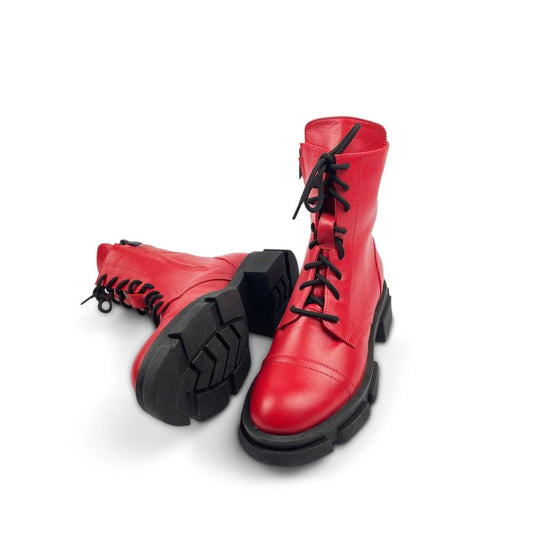 Red Leather Combat Boots Chunky Sole For Women