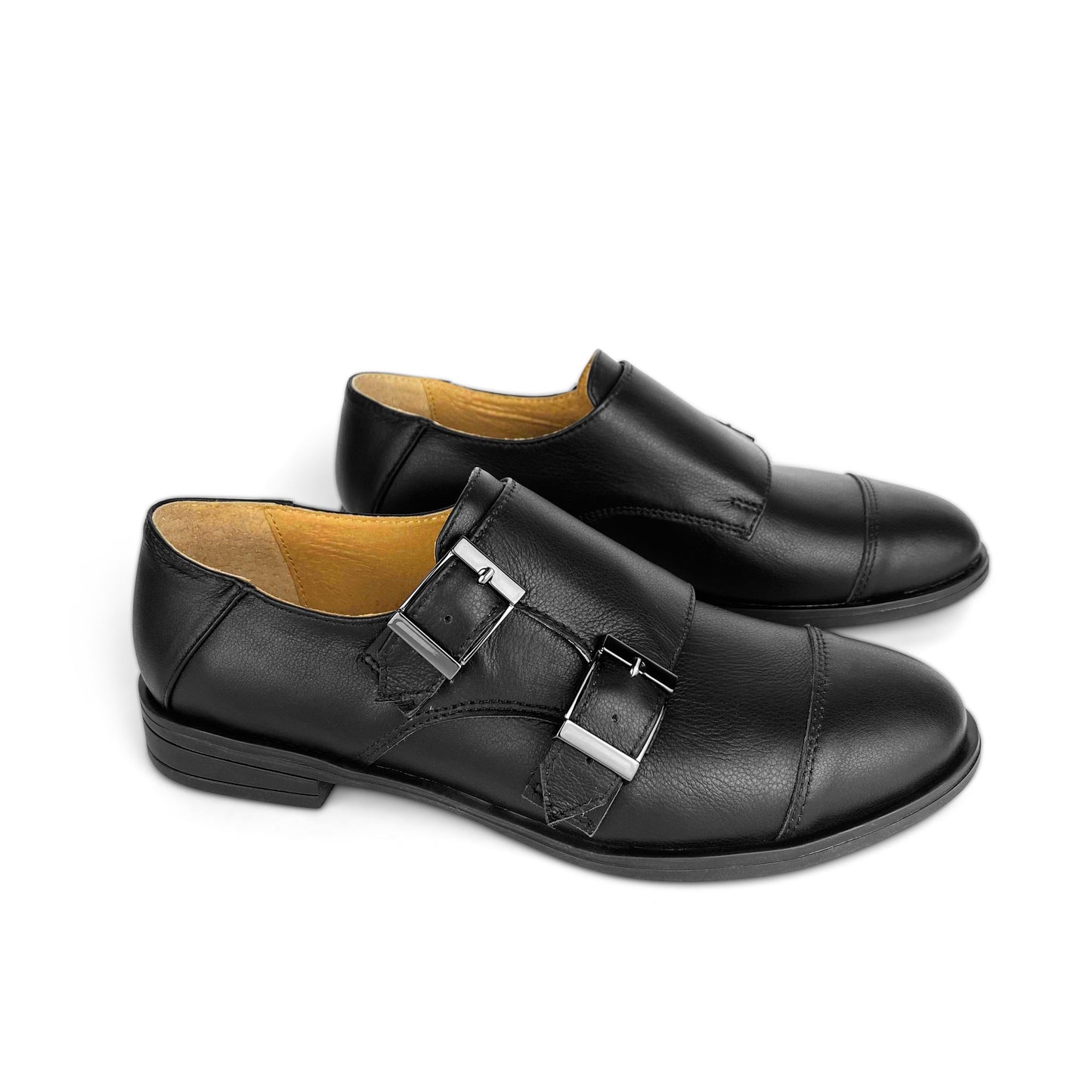 Classy Buckle Monk Strap Shoes Black Leather For Women