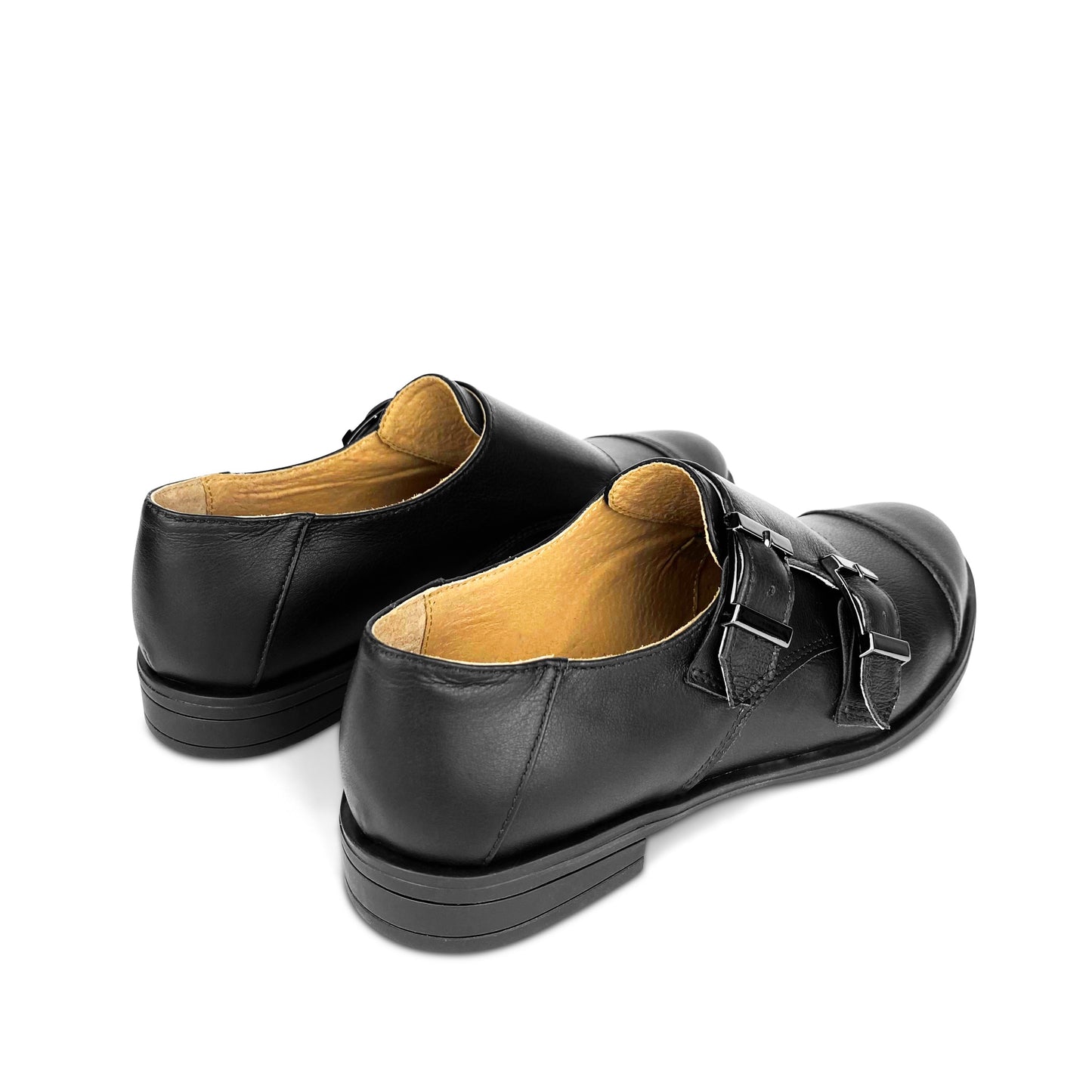 Classy Buckle Monk Strap Shoes Black Leather For Women