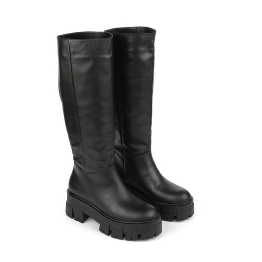 Leather Thing High Boots Chunky Black Platform