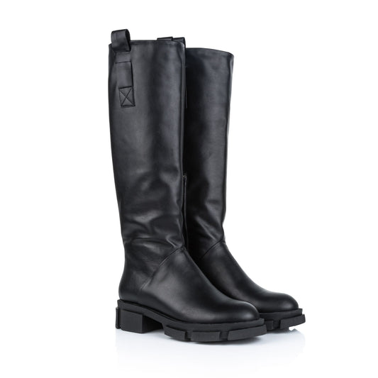 Women's Tall Black Leather Boots Chunky Platform