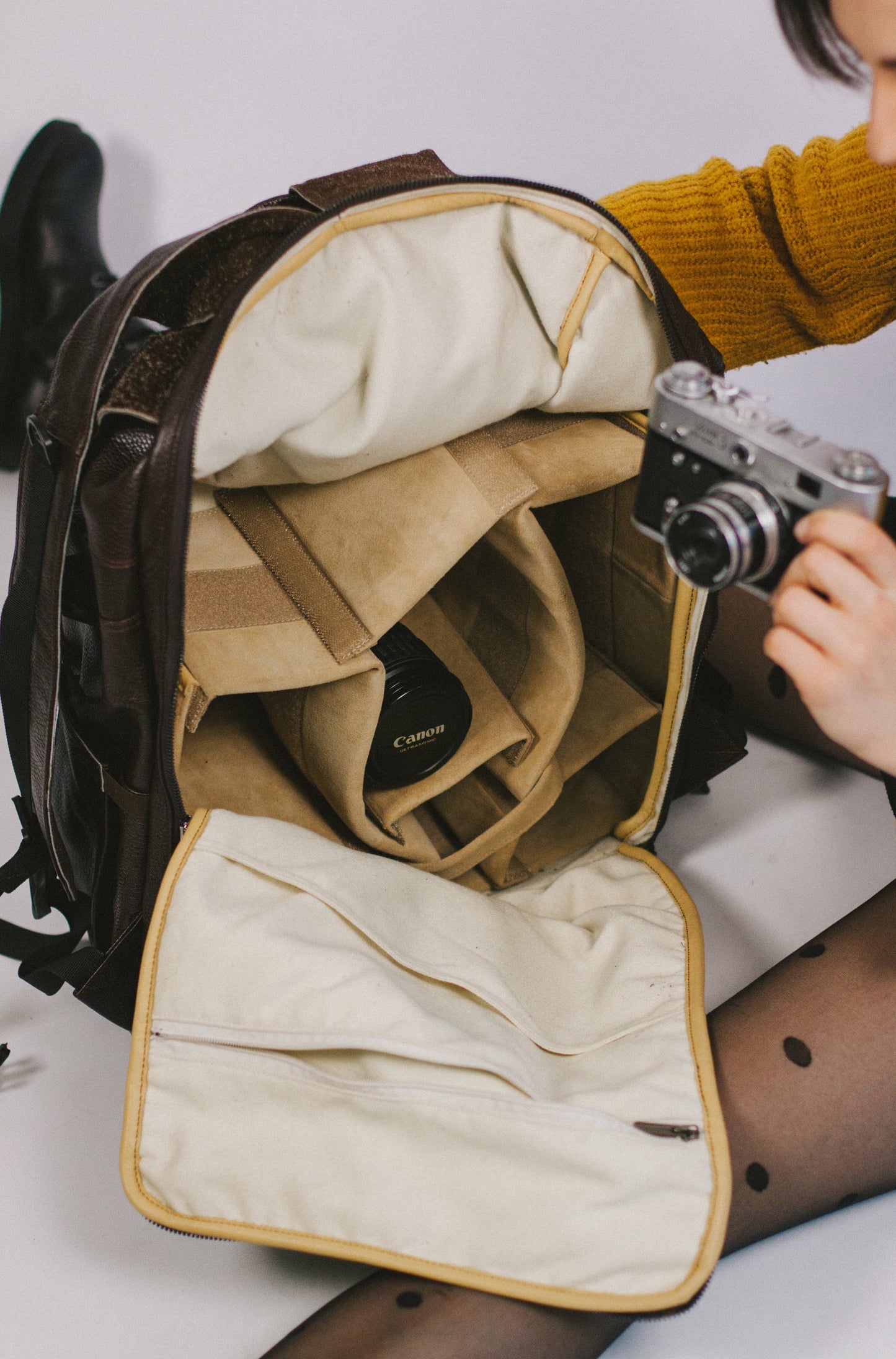 Handcrafted Camera Backpack Brown Leather